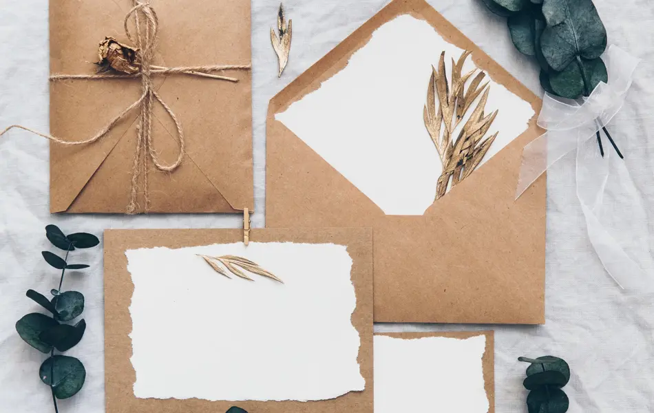 Mock up creative wedding invitation set with eucalyptus branch  on linen background