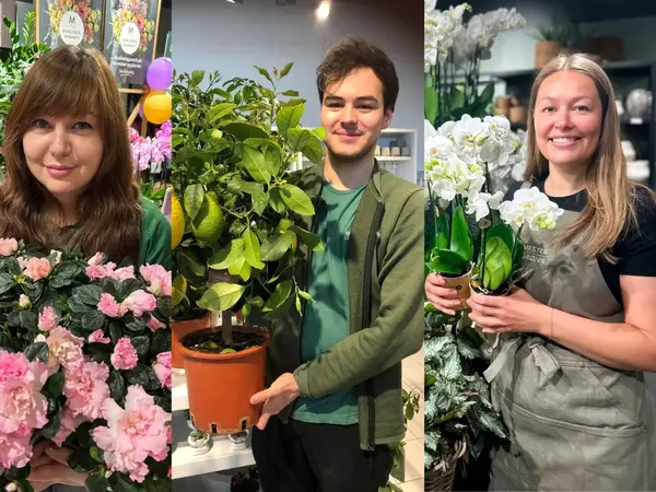To damer og en mann og masse planter