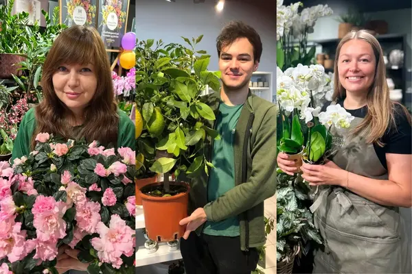 To damer og en mann og masse planter