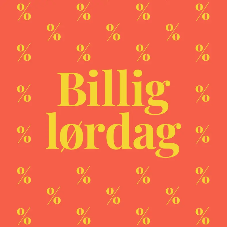 Grafisk bilde med prosenttegn og teksten "Billig lørdag"