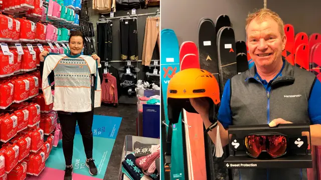 ansatte hos intersport viser frem utvalget av Kari Traa-produkter og produkter innen slalomhjelm- og briller