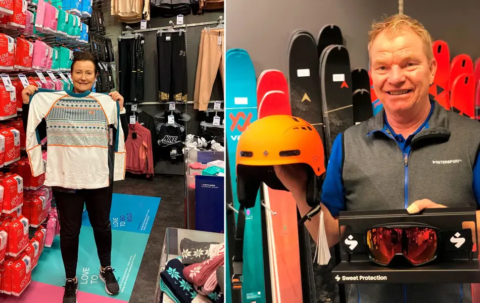 ansatte hos intersport viser frem utvalget av Kari Traa-produkter og produkter innen slalomhjelm- og briller