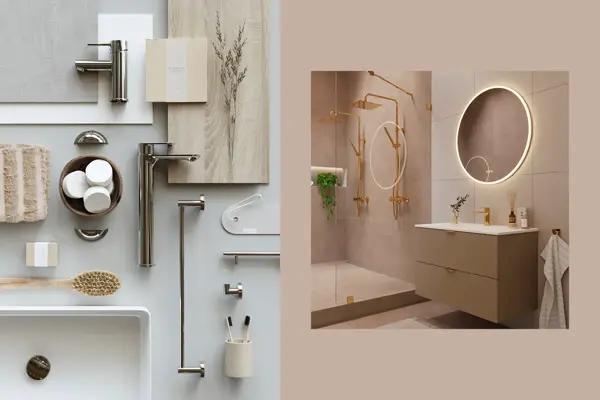 Baderoms detaljer, dus rosa baderom med dusj i gull, speil og vask.