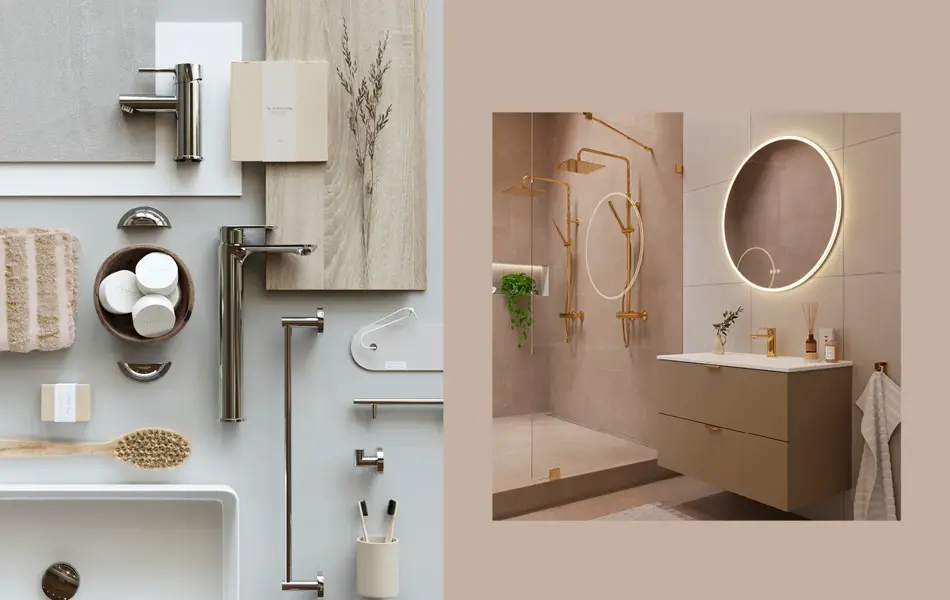 Baderoms detaljer, dus rosa baderom med dusj i gull, speil og vask.