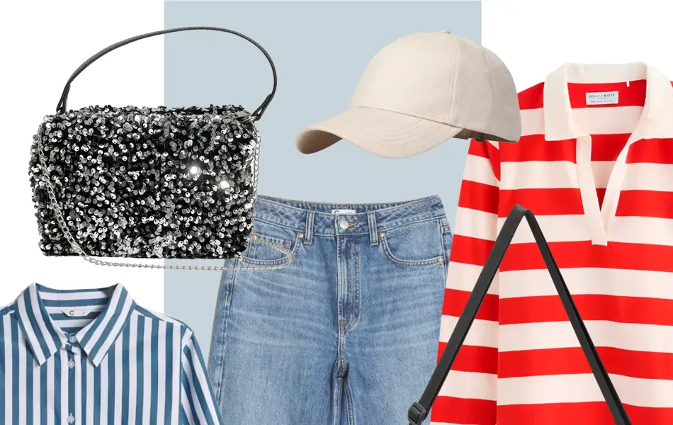 Paljettveske, beige caps, rød stripete pologenser, sort liten veske, Adidas Samba sneakers, vide jeans, blåstripete skjorte, knallrøde flate sko.