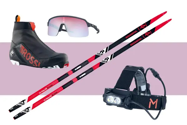 Skisko, skibriller, langrennski og hodelykt