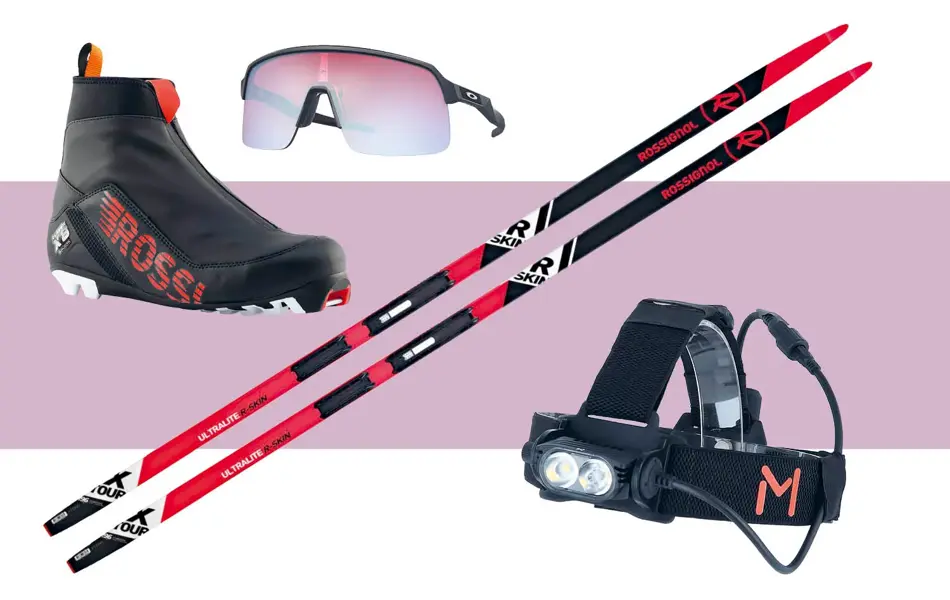 Skisko, skibriller, langrennski og hodelykt