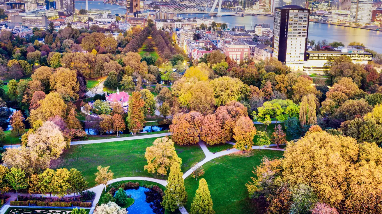 Aerial panorama of Rotterdam. 
Rotterdam, South Holland, Netherlands.
