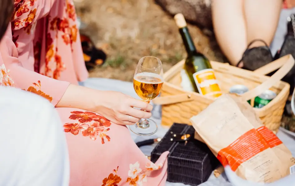 Nærbilde av bryllupsgjestenes utendørs piknik 