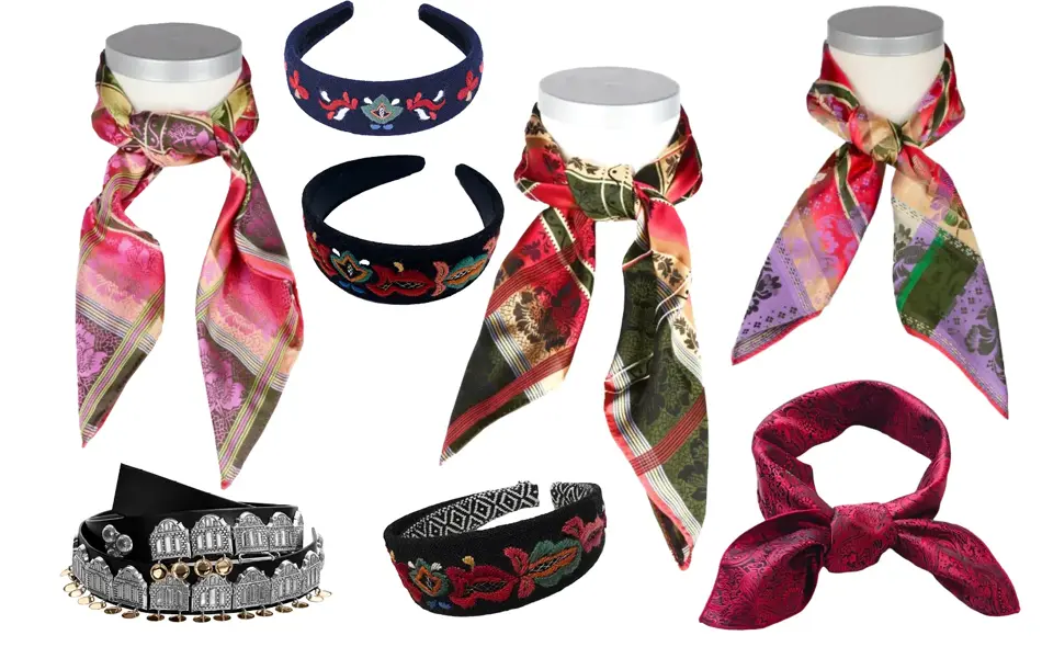 Ulike fargerike tørkler til bunad, ulike broderte hårbøyler til bunad og et bunadsbelte.