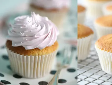 Cupecake med margenstopping og ferdig stekte cupcakes på en bakerist