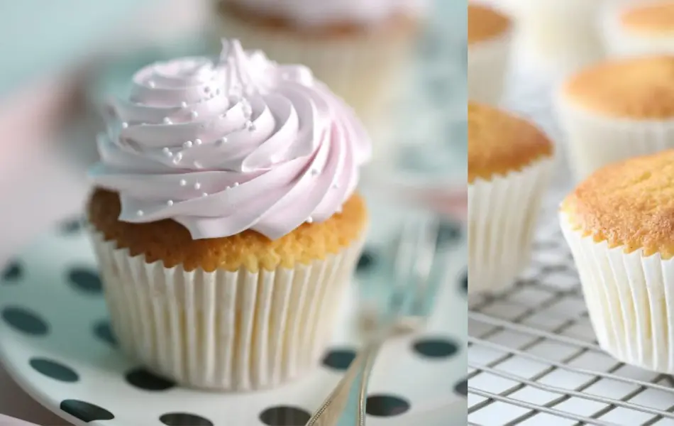 Cupecake med margenstopping og ferdig stekte cupcakes på en bakerist