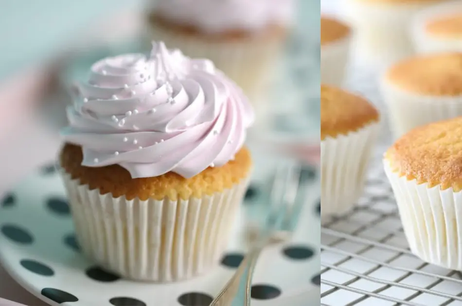 Cupecake med margenstopping og ferdig stekte cupcakes på en bakerist