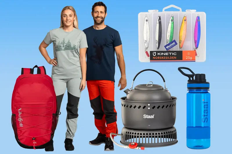 Kollasj med utstyr til fjelltur