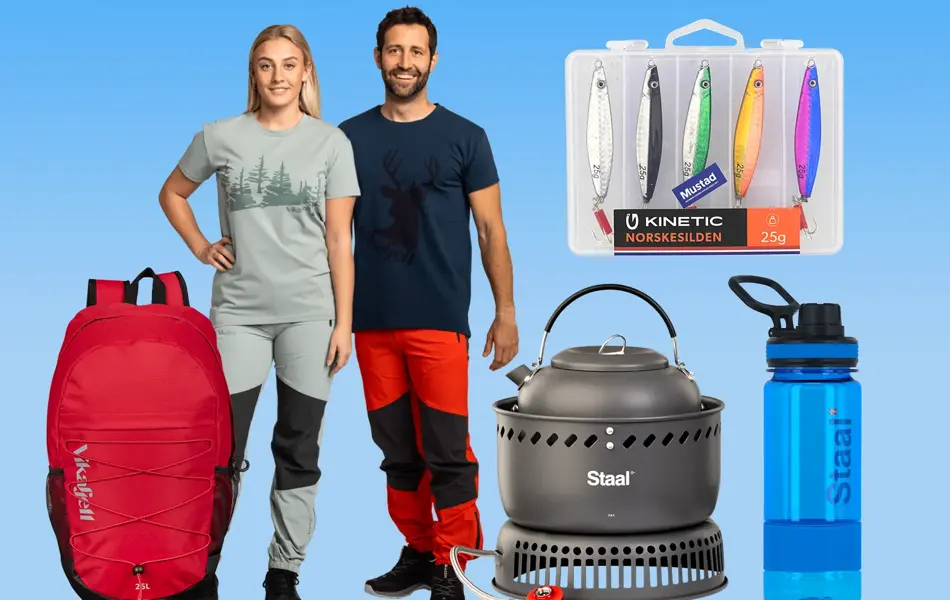 Kollasj med utstyr til fjelltur