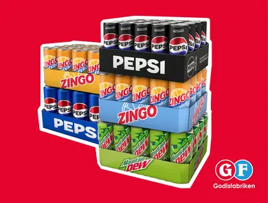 Fem brett med Pepsi, Zingo, 7UP og Mountain Dew.