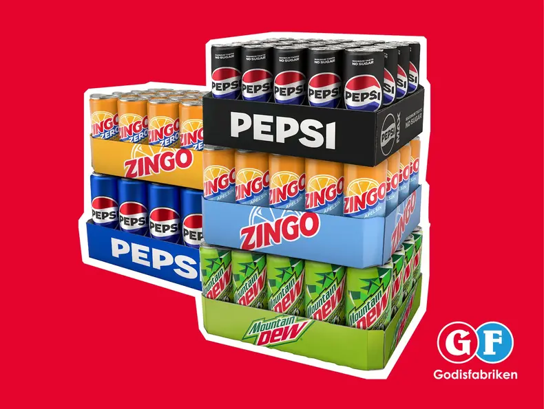 Fem brett med Pepsi, Zingo, 7UP og Mountain Dew.
