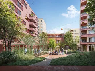 Illustrasjonsbilde av boligprosjektet Flytårnet Stasjon. Et samarbeidsprosjekt mellom OBOS og Thon Bolig.
