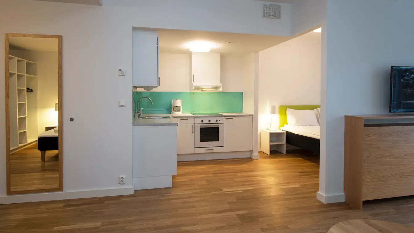 kjøkkenkrok på ettrom leilighet på Thon Hotel Sandven