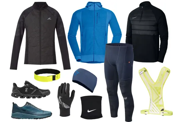 kollasj av treningsjakker, treningsgensere, sko, løpesko, løpehansker, refleksvest, refleks, pannebånd, jakke