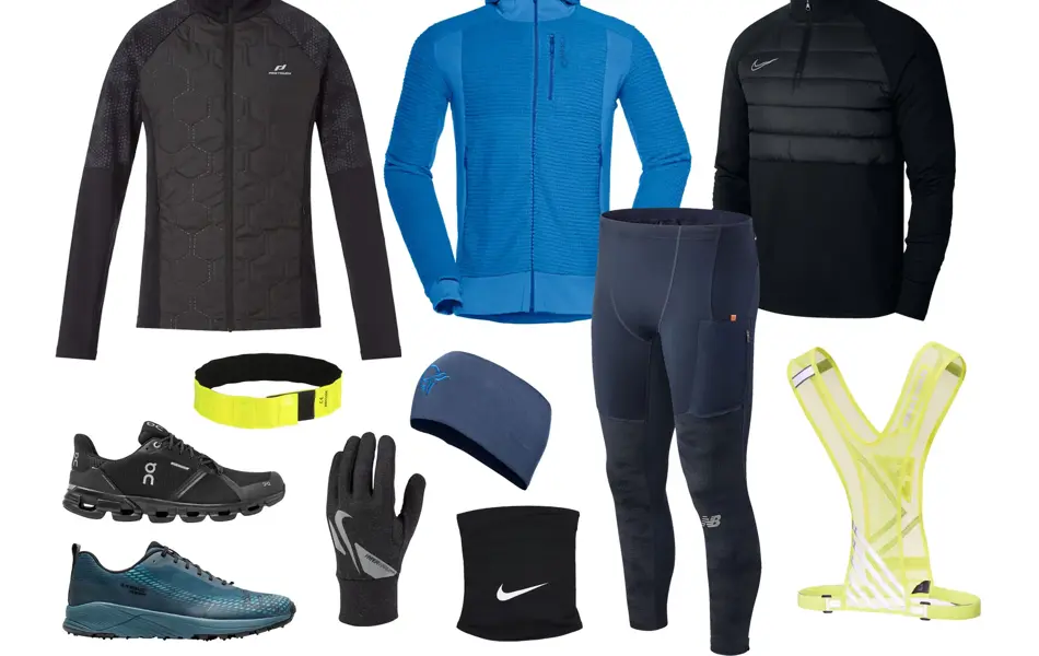 kollasj av treningsjakker, treningsgensere, sko, løpesko, løpehansker, refleksvest, refleks, pannebånd, jakke