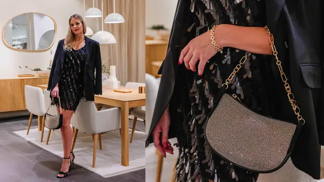 Dame i svart glitrende kjole 