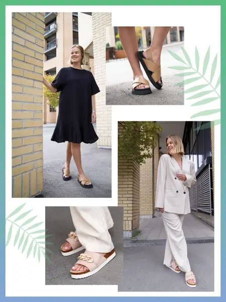Dame i sort tunikakjole og beige sandaler, beige sandaler med sort såle, dame i beige dress med slip-in sandaler, beige slip-in sandaler med gullenke.