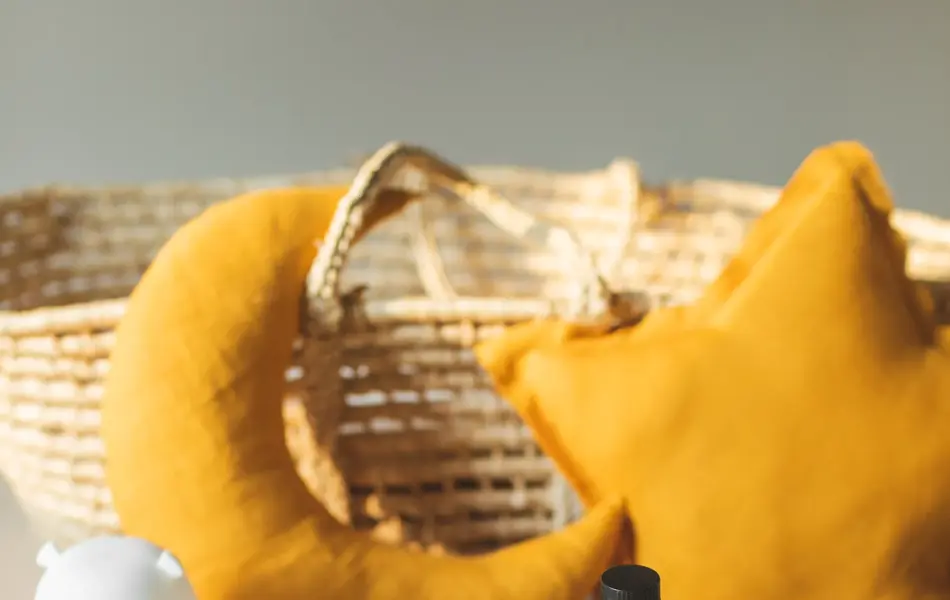 Moses basket, hair brush, babies goods diaper, moon and linen star shaped cushions, dinosaur toy, cream, shampoo or oil on beige background with copy space. Newborn unisex baby necessities and clothing on cozy nursery in morning sunlights. Baby shower concept.