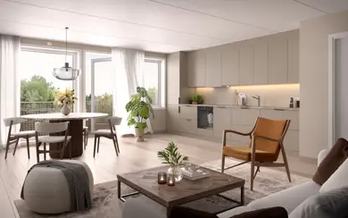 Illustrasjon av kjøkken i boligprosjektet Heggedal Hage.