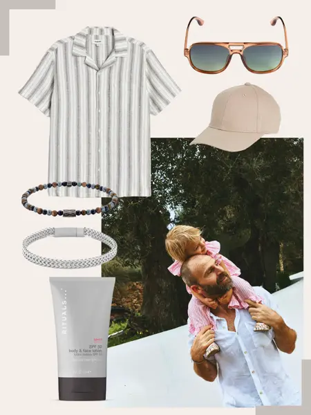 Stripete kortermet skjorte, solbriller, beige caps, armbånd med perler, armlenke, solkrem, mann i hvit skjorte med liten jente på skuldrene.