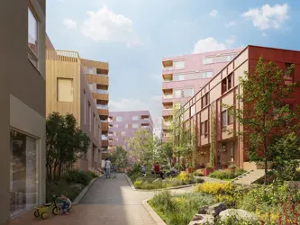 Illustrasjonsbilde av boligprosjektet Flytårnet Stasjon. Et samarbeidsprosjekt mellom OBOS og Thon Bolig.