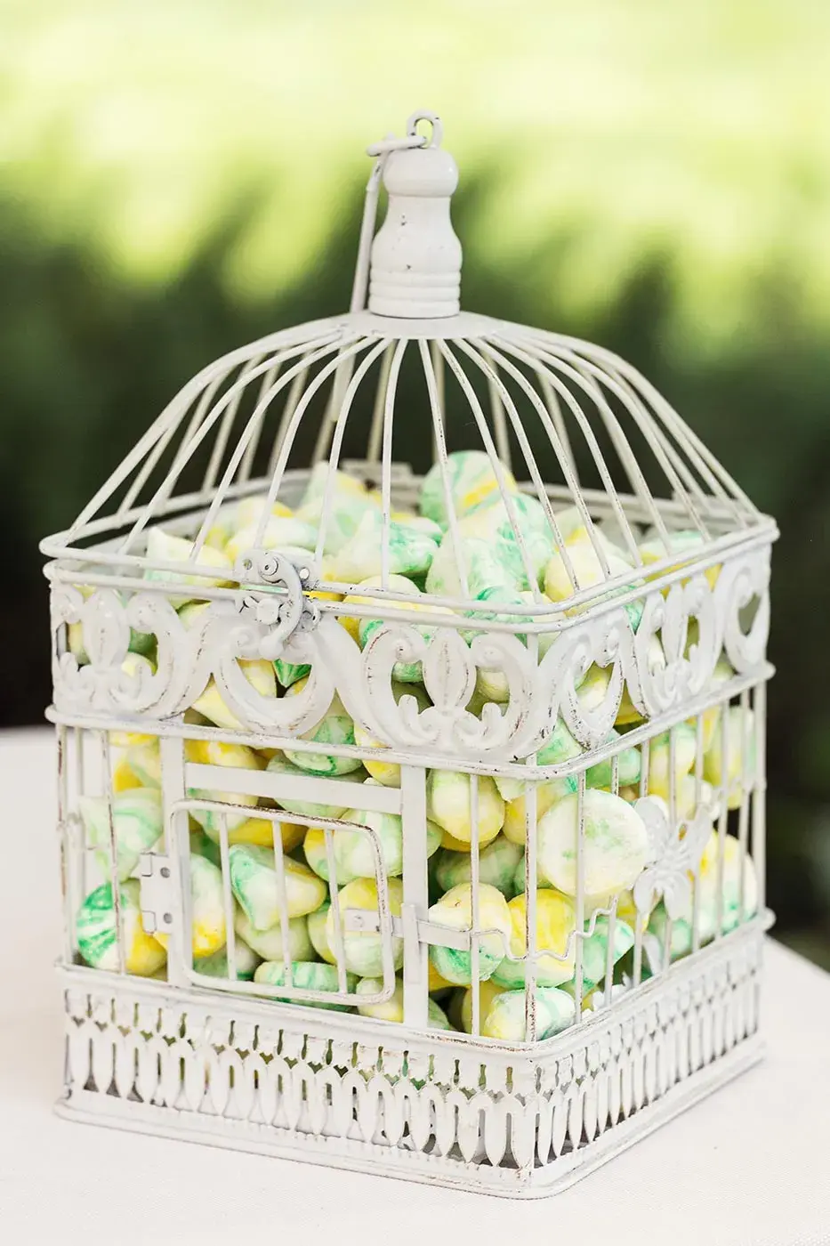 Hvitt bur med gult og grønt godteri