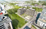 Dronebilde av boligprosjektet Wendts Hage i Lørenskog.