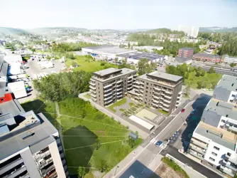 Dronebilde av boligprosjektet Wendts Hage i Lørenskog.