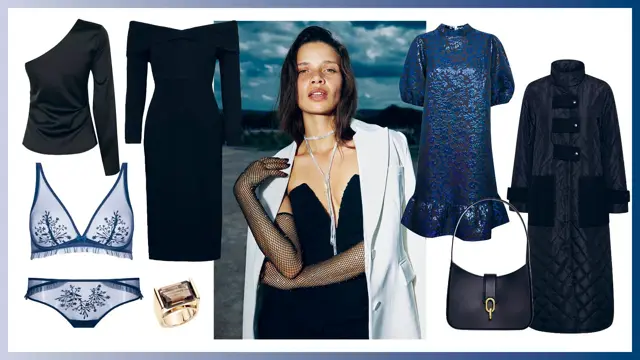 Sort topp, blått undertøysett, sort kjole, gullring med sten, damemodell i sort kjole og hvit dressjakke, blå skimrende kjole, sort veske, mørk blå quiltet kåpe.