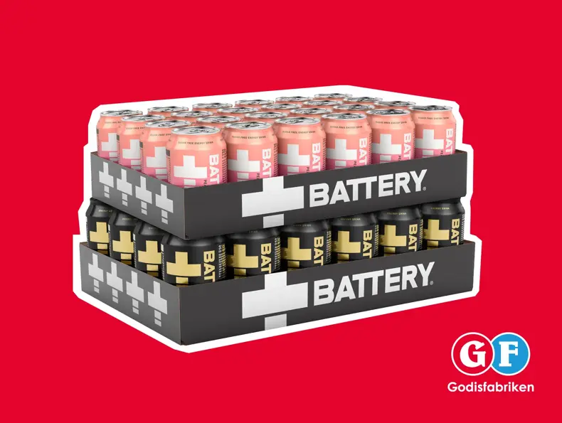 Flak med Battery-energidryck i olika varianter.