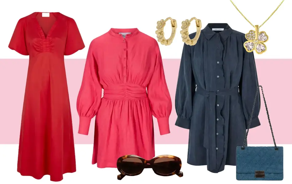 Rød lang kjole med korte ermer, rosa kort kjole med lange ermer, små runde øredobber, sorlbriller, blå kort kjole med lange ermer, blå skulderveske, firkløver anhengen til kjede.
