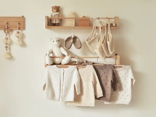 Children's knitted clothes on hanger. Jacket, jumper, hat, shoes. toys. Children's room, nursery.