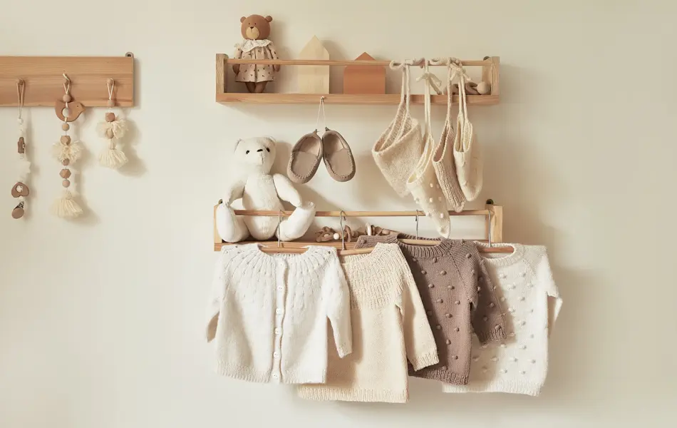 Children's knitted clothes on hanger. Jacket, jumper, hat, shoes. toys. Children's room, nursery.