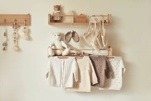 Children's knitted clothes on hanger. Jacket, jumper, hat, shoes. toys. Children's room, nursery.