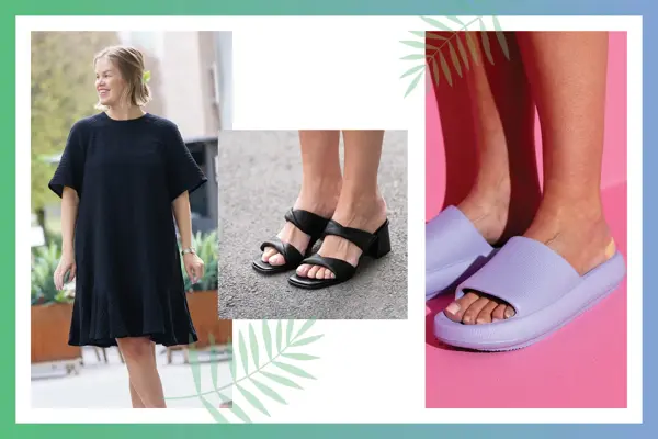 Dame med sort tunikakjole, føtter med sorte sandaler, føtter med lilla slip-in sandaler.