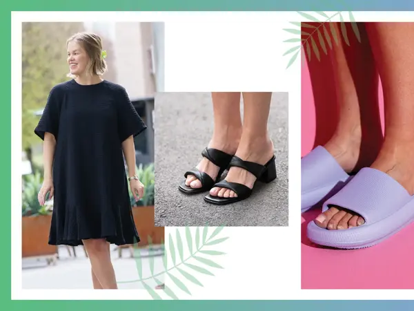 Dame med sort tunikakjole, føtter med sorte sandaler, føtter med lilla slip-in sandaler.