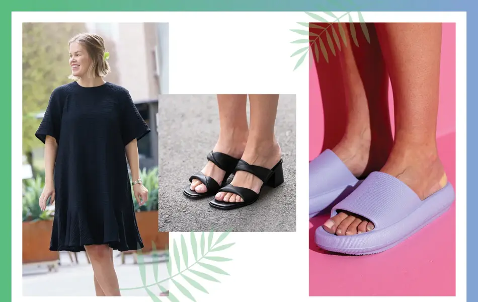 Dame med sort tunikakjole, føtter med sorte sandaler, føtter med lilla slip-in sandaler.