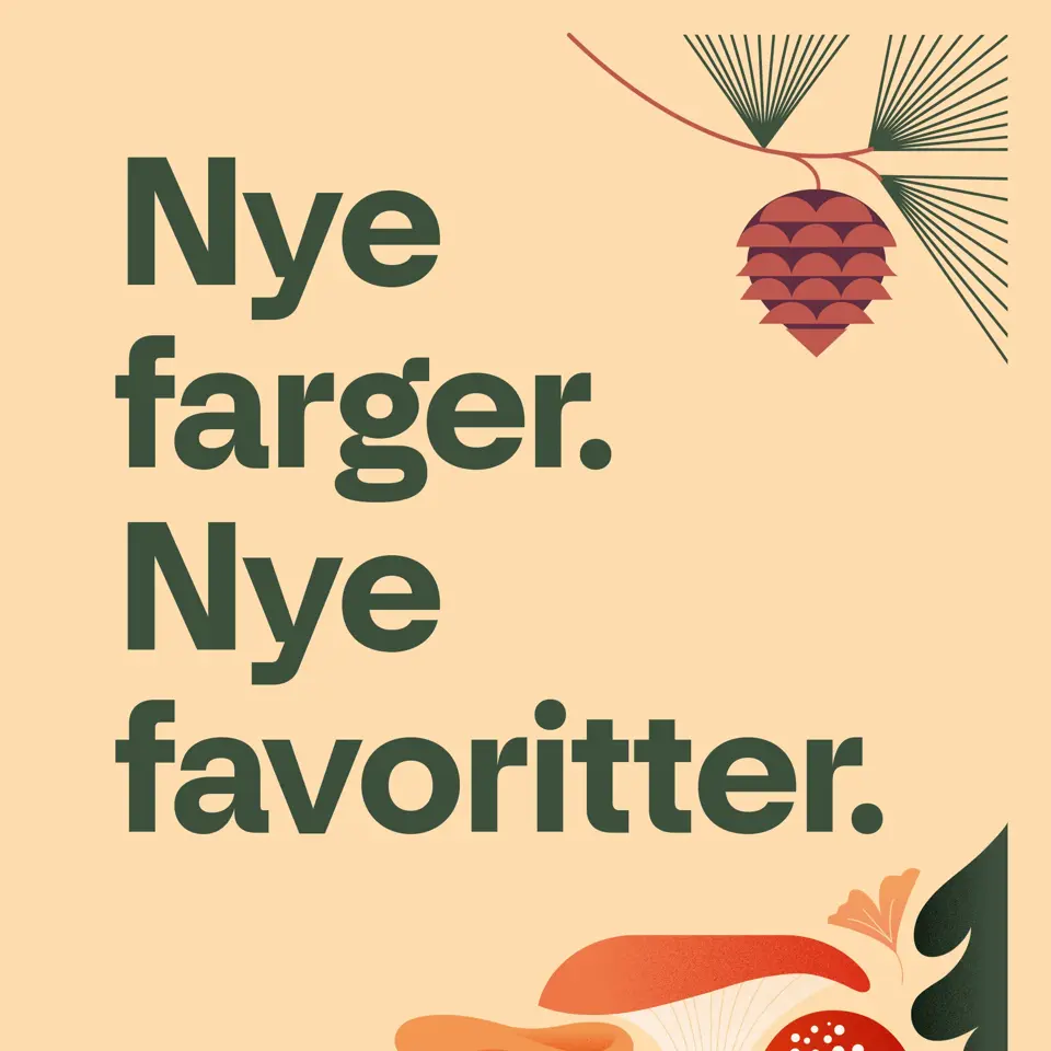 Høstmotiv og teksten Nye farger. Nye favoritter