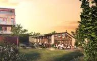 3D illustrasjonen viser felleshuset i boligprosjektet Heggedal Hage. Felleshuset kan brukes av beboerne og ligger i hyggelige og grønne omgivelser.