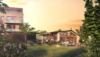 3D illustrasjonen viser felleshuset i boligprosjektet Heggedal Hage. Felleshuset kan brukes av beboerne og ligger i hyggelige og grønne omgivelser.