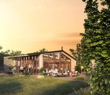 3D illustrasjonen viser felleshuset i boligprosjektet Heggedal Hage. Felleshuset kan brukes av beboerne og ligger i hyggelige og grønne omgivelser.