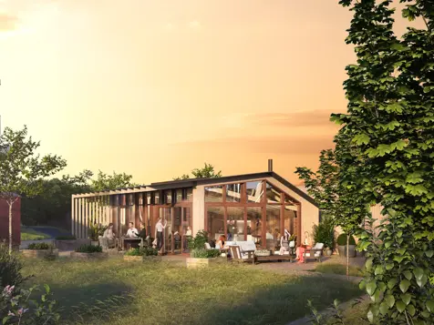 3D illustrasjonen viser felleshuset i boligprosjektet Heggedal Hage. Felleshuset kan brukes av beboerne og ligger i hyggelige og grønne omgivelser.