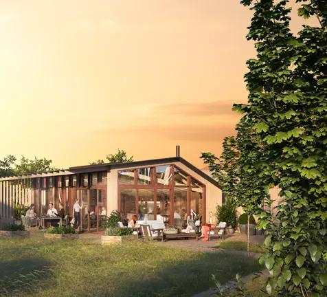 3D illustrasjonen viser felleshuset i boligprosjektet Heggedal Hage. Felleshuset kan brukes av beboerne og ligger i hyggelige og grønne omgivelser.