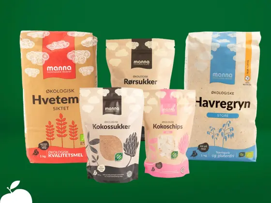 Utvalg av økologiske matvarer som havregryn, mel, kokoschips og sukker.